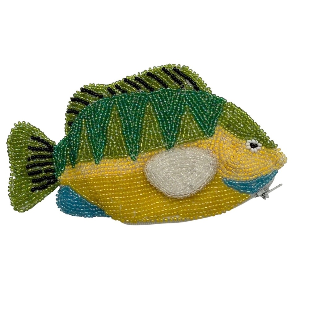Two's Company Beaded Fish Coin Purse Yellow Green Tropical Zipper Pouch Small